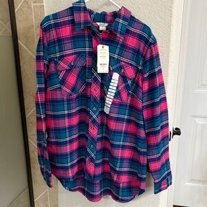 Duluth Trading Co Pink and Blue Plaid Button Down flannel Shirt
